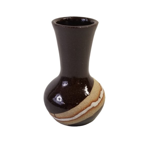 Vintage Pottery Bud Vase Studio Art Stoneware Brown Tan White Signed Decorative - Picture 3 of 9